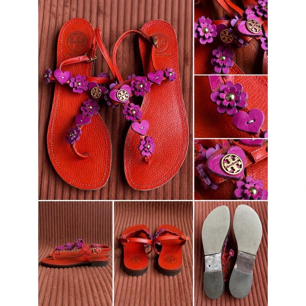 Tory Burch Sandals Women's Size 6.5 Orange Good Floral Heart Appliqué